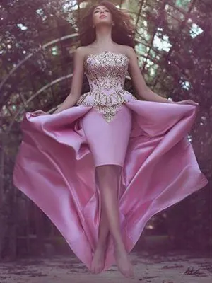 Strapless Unique Design Gold Lace Pink Satin Long Prom Dresses, BG0133