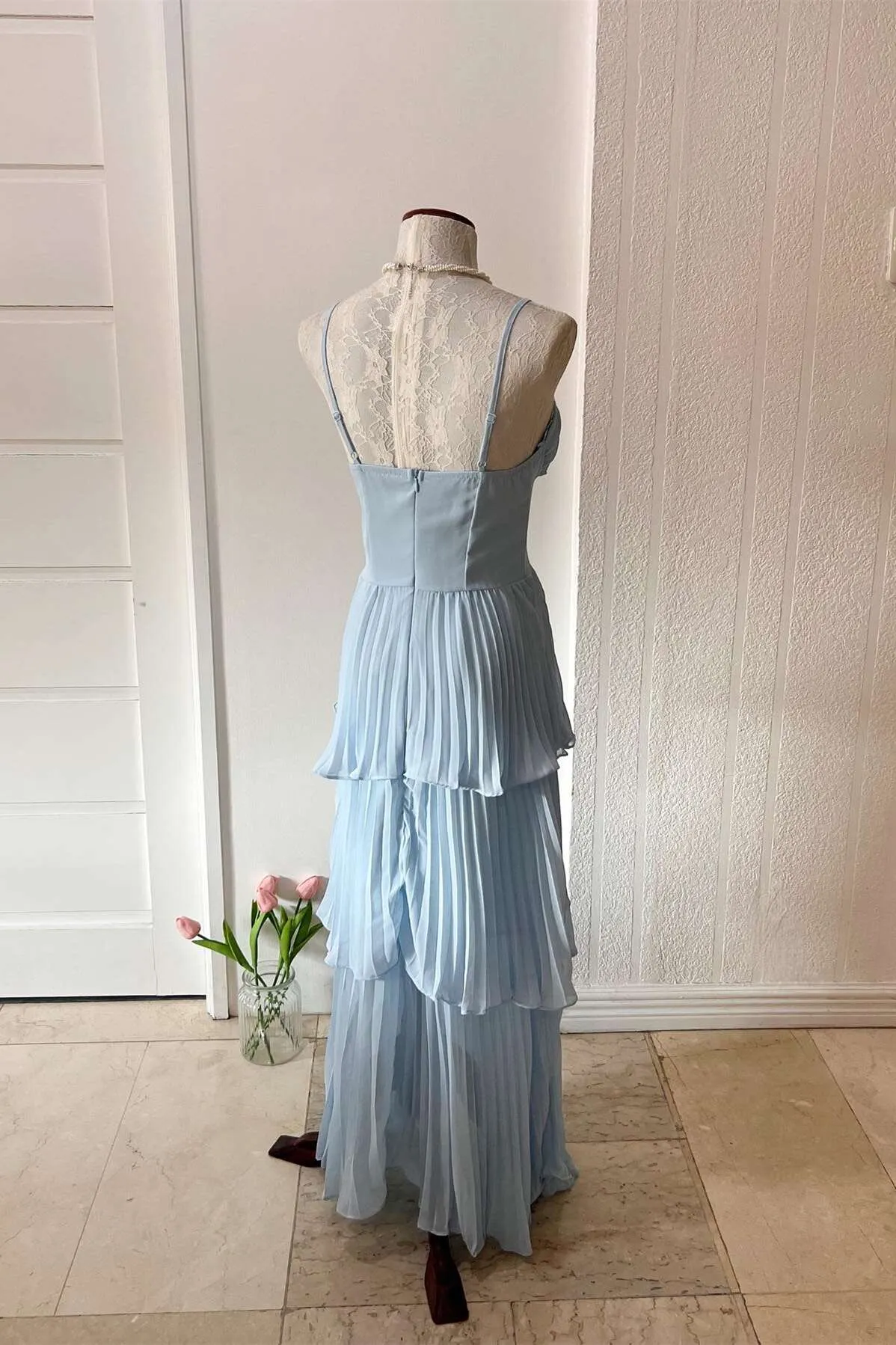 Straps Light Blue Chiffon Pleated Tiered Party Dress