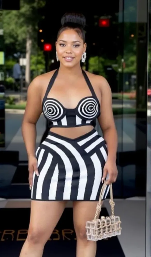 STRIPED HALTERNECK CROPPED TOP SKIRTS SET