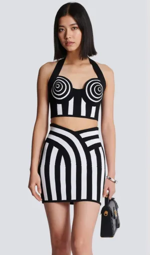 STRIPED HALTERNECK CROPPED TOP SKIRTS SET