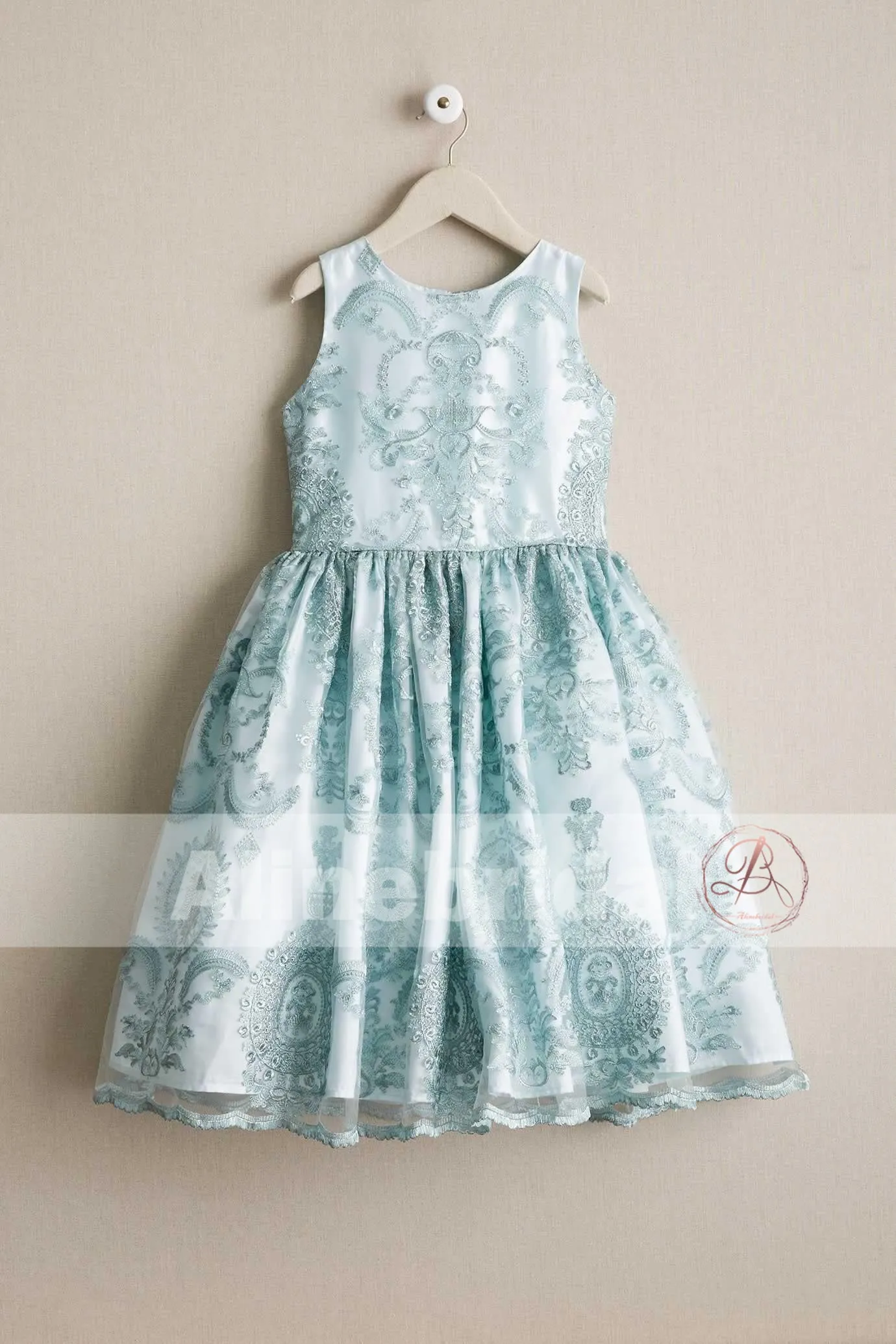 Stunning Light Blue Lace Cute Round Neck Flower Girl Dresses, FGS063