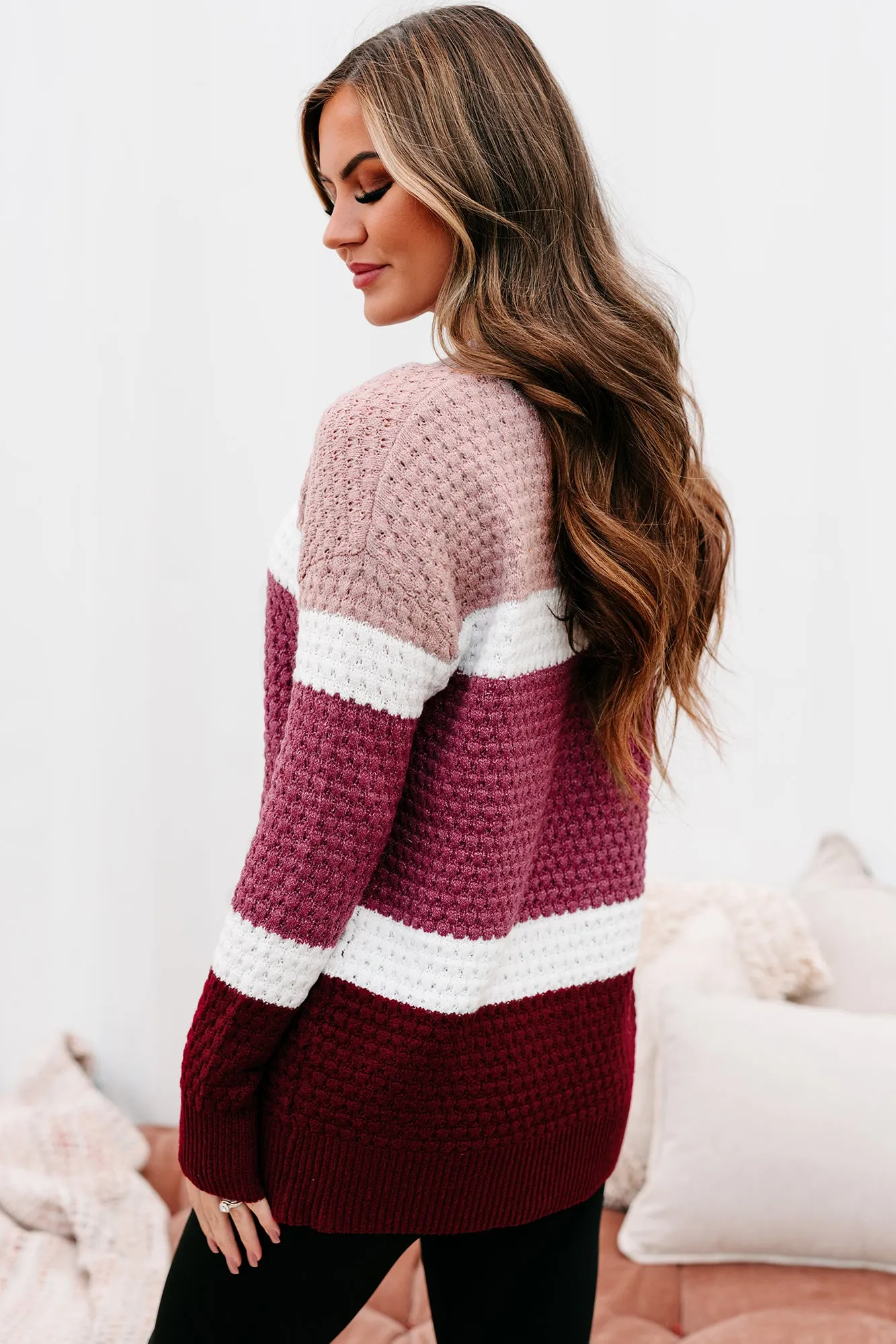 Sweet & Sincere Textured Color Block Sweater (Magenta)