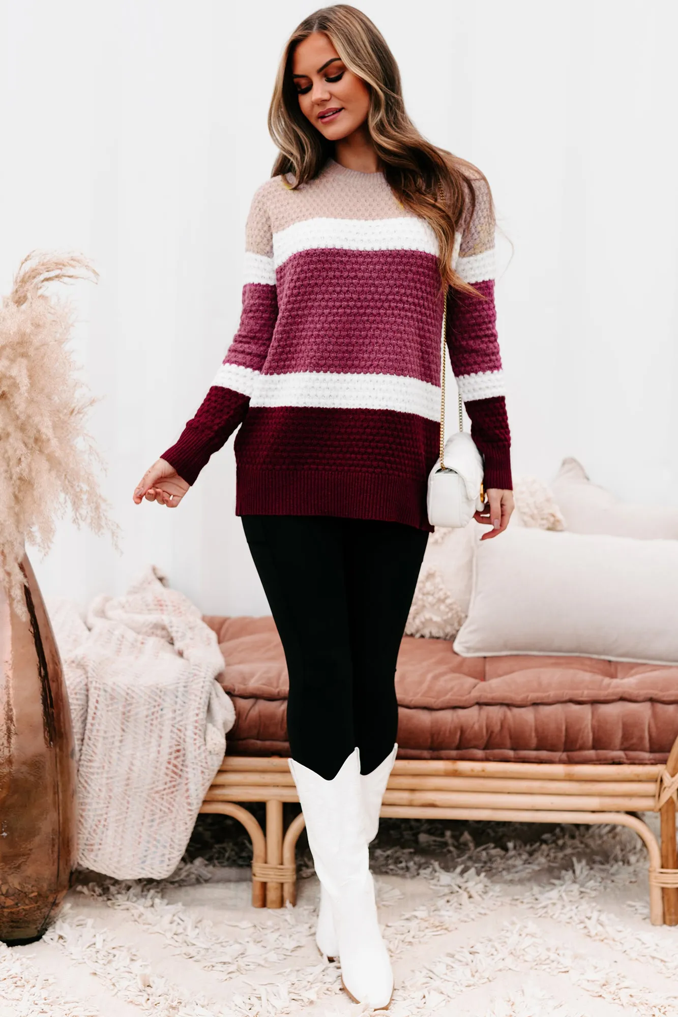 Sweet & Sincere Textured Color Block Sweater (Magenta)