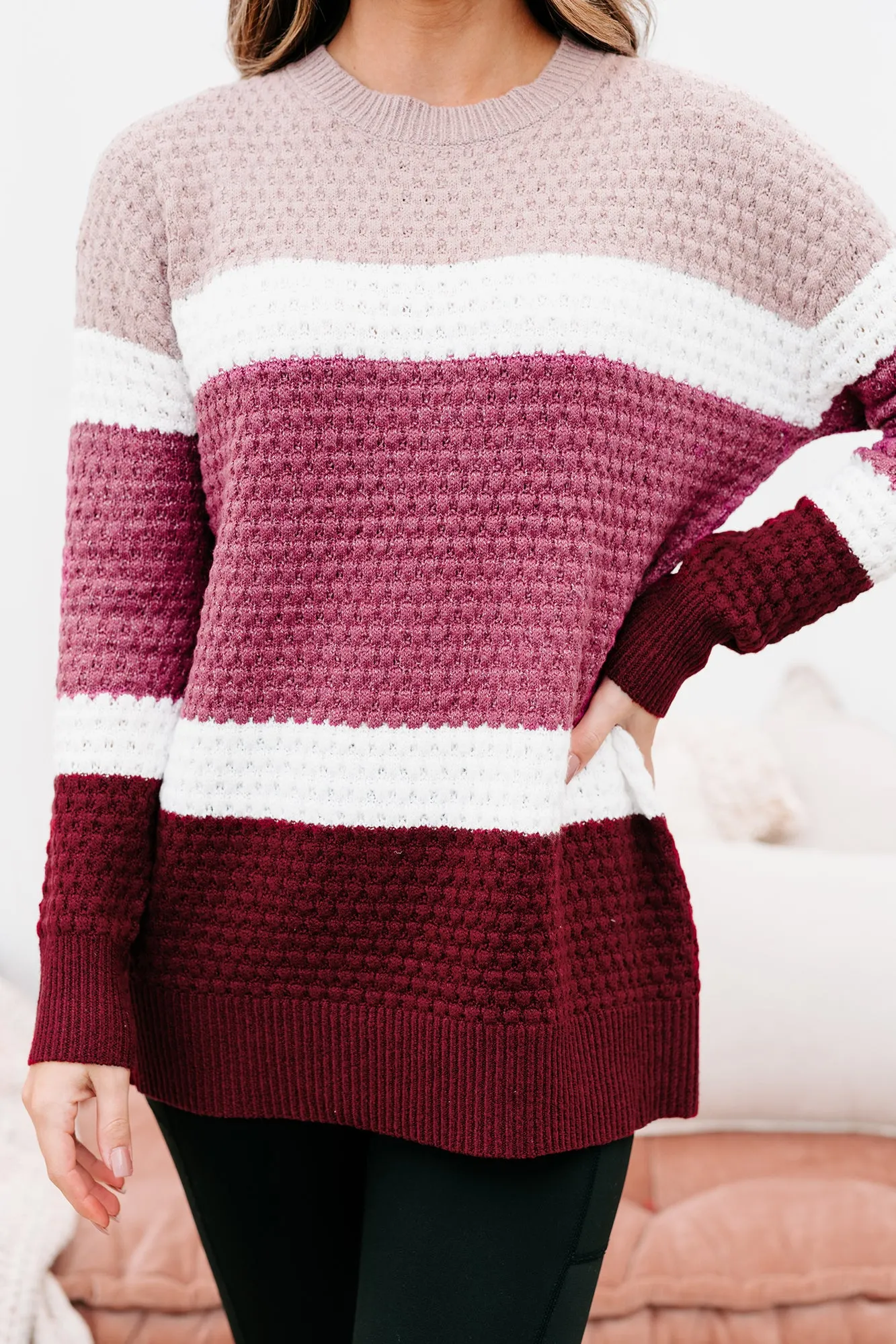 Sweet & Sincere Textured Color Block Sweater (Magenta)
