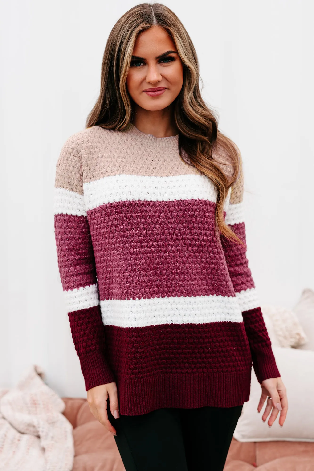 Sweet & Sincere Textured Color Block Sweater (Magenta)