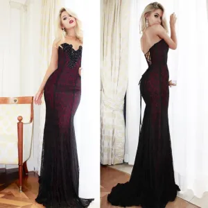 Sweetheart Handmade Beaded Long Mermaid Black Lace Prom Dresses, Evening Dresses, BG0359