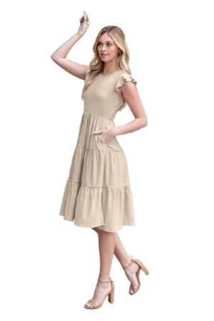 Swiss Dot Ruffle Cap Sleeve Tiered Dress Taupe Light - Pack of 6