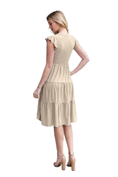 Swiss Dot Ruffle Cap Sleeve Tiered Dress Taupe Light - Pack of 6