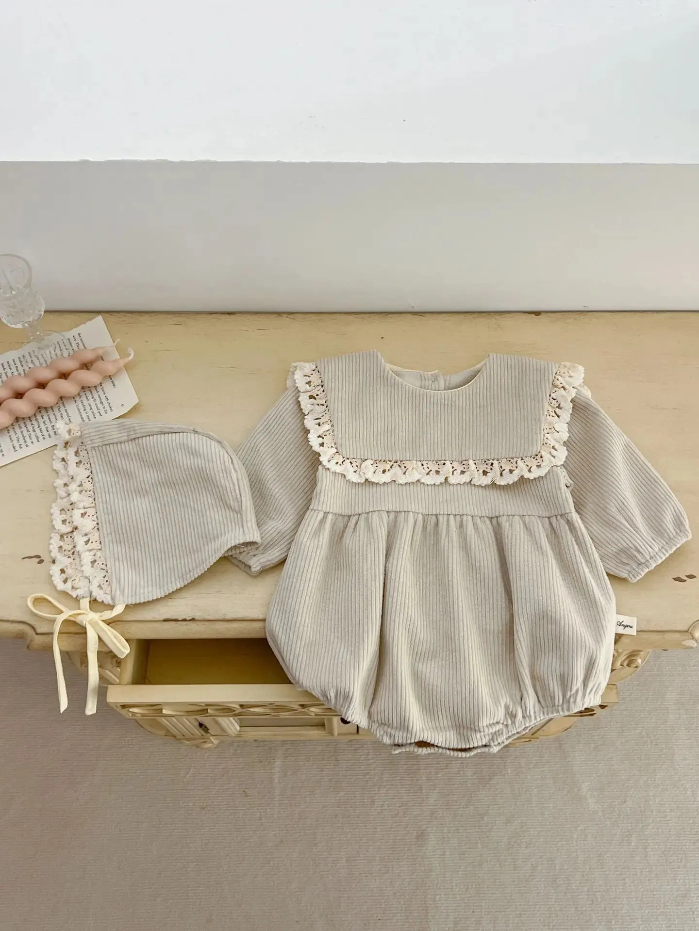 Textured Romper With Matching Bonnet