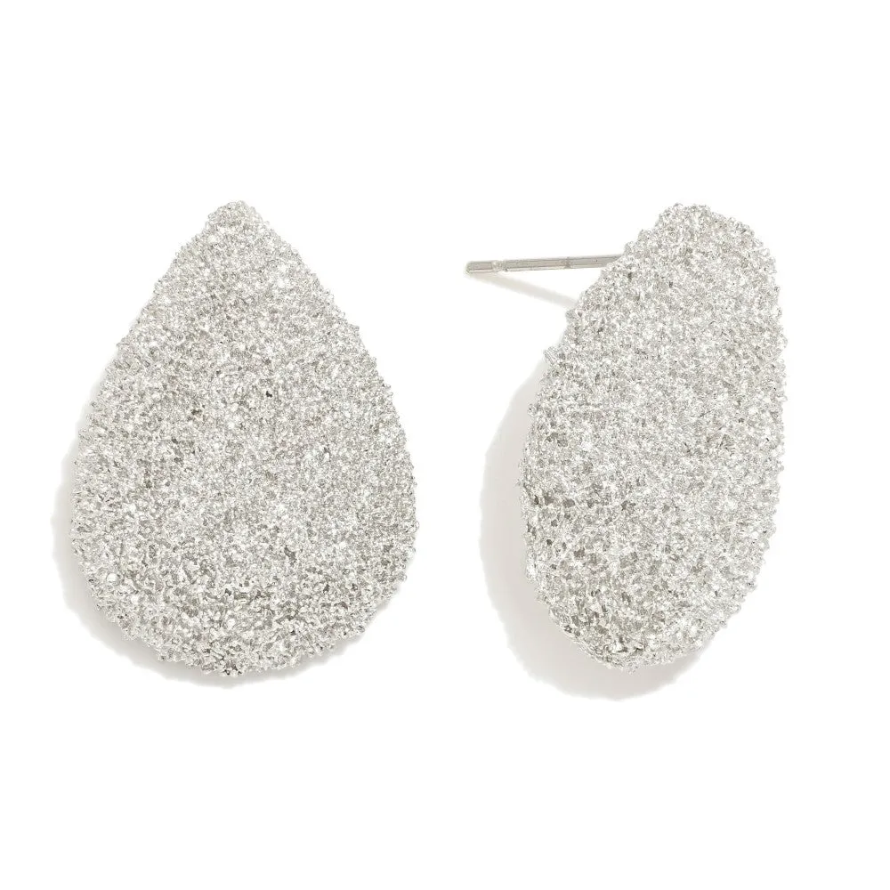Textured Silver Tone Teardrop Post Drop Earrings