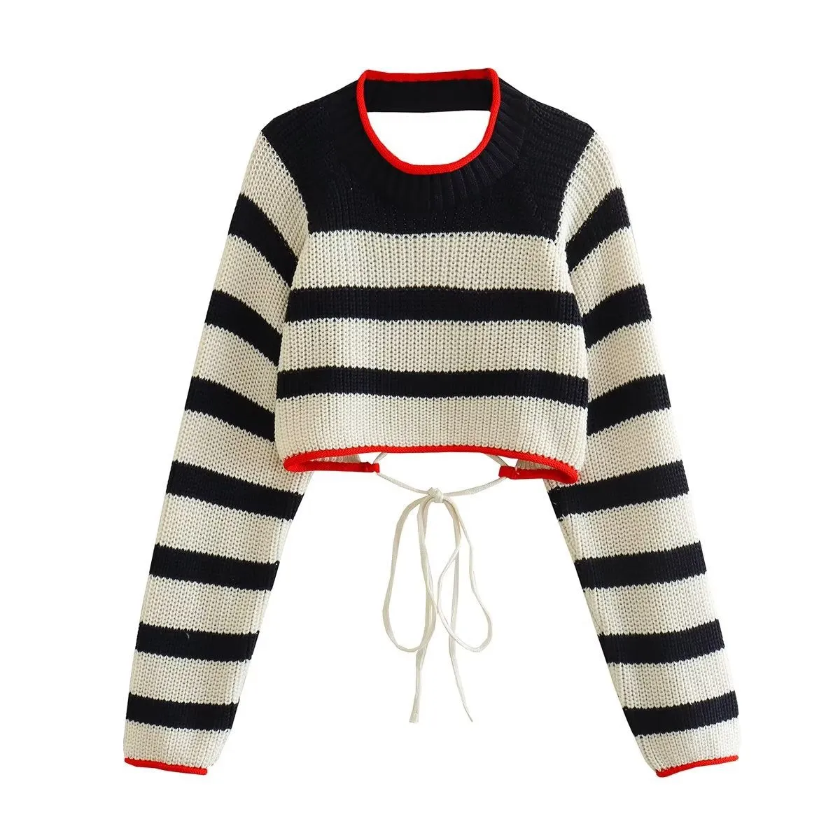 Trendy Color-Block Backless Knit Crop Sweater for Women with Tie-Back Design, Fashionable and Stylish New Fall/Winter Arrival S-240804-25
