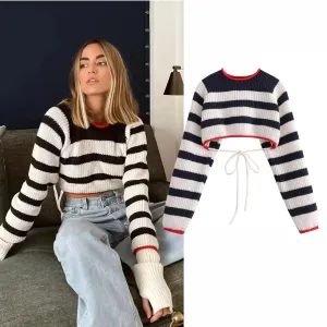Trendy Color-Block Backless Knit Crop Sweater for Women with Tie-Back Design, Fashionable and Stylish New Fall/Winter Arrival S-240804-25