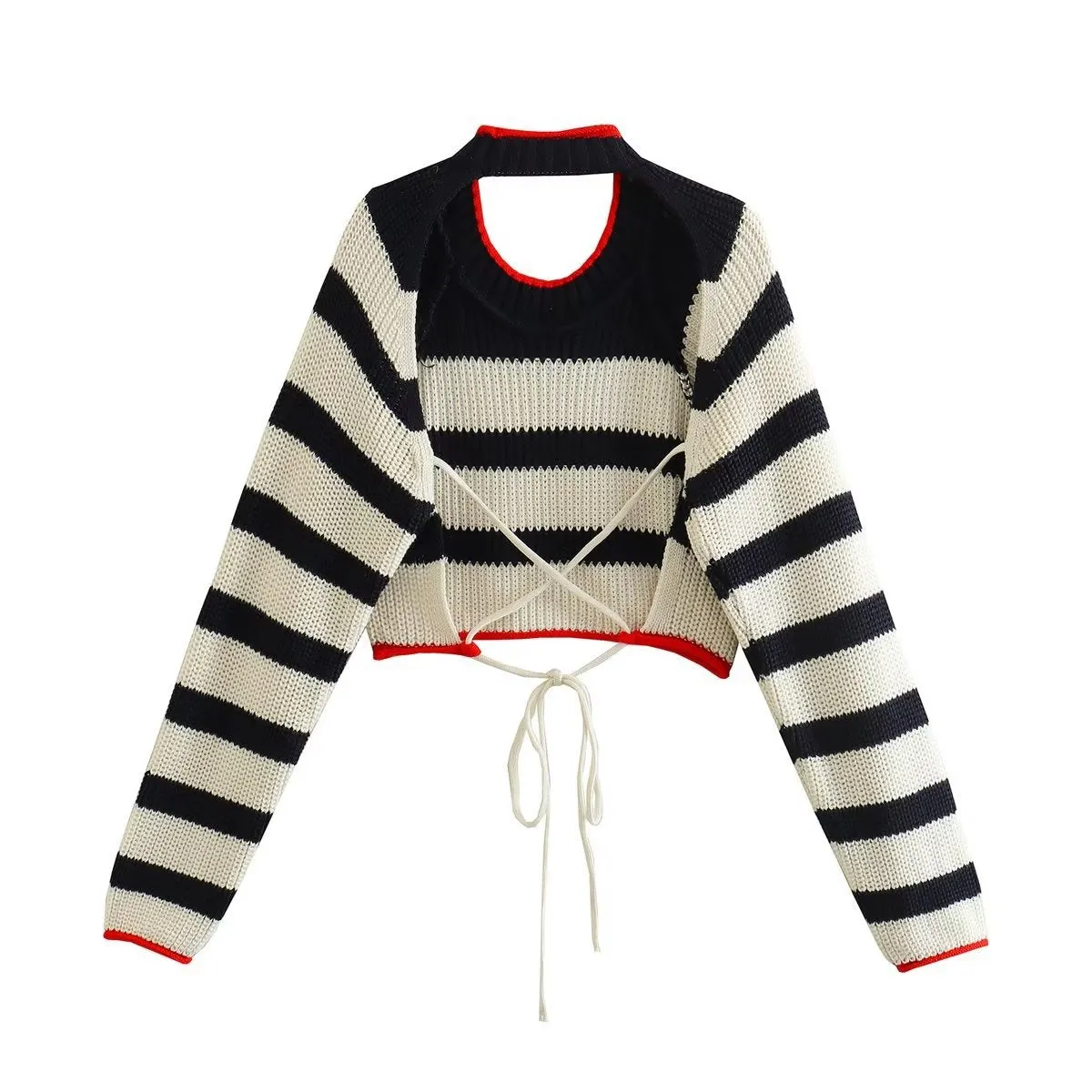 Trendy Color-Block Backless Knit Crop Sweater for Women with Tie-Back Design, Fashionable and Stylish New Fall/Winter Arrival S-240804-25