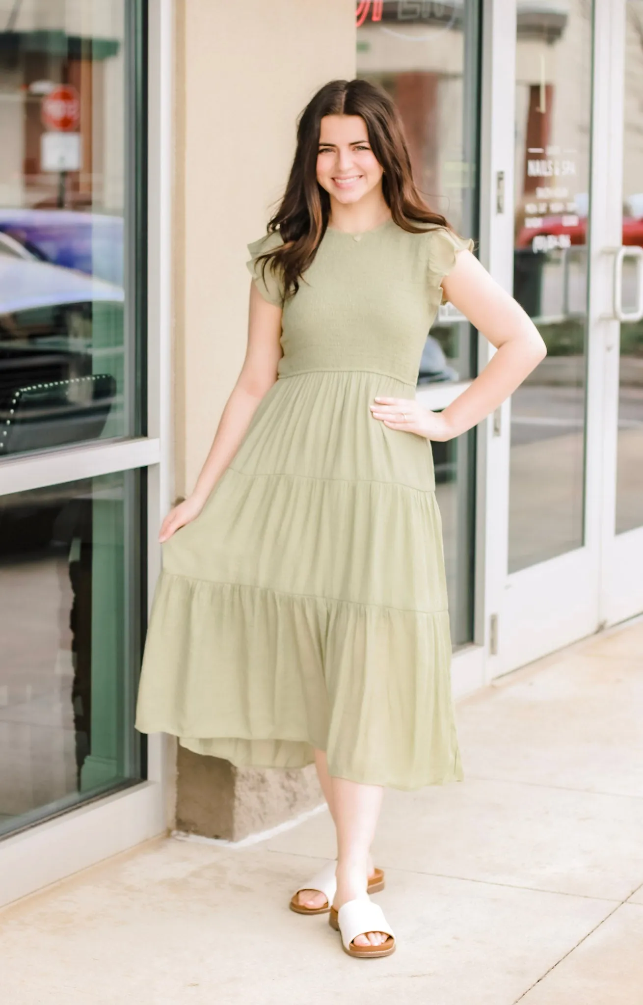 Trusting You Smocked Dress in Light Olive