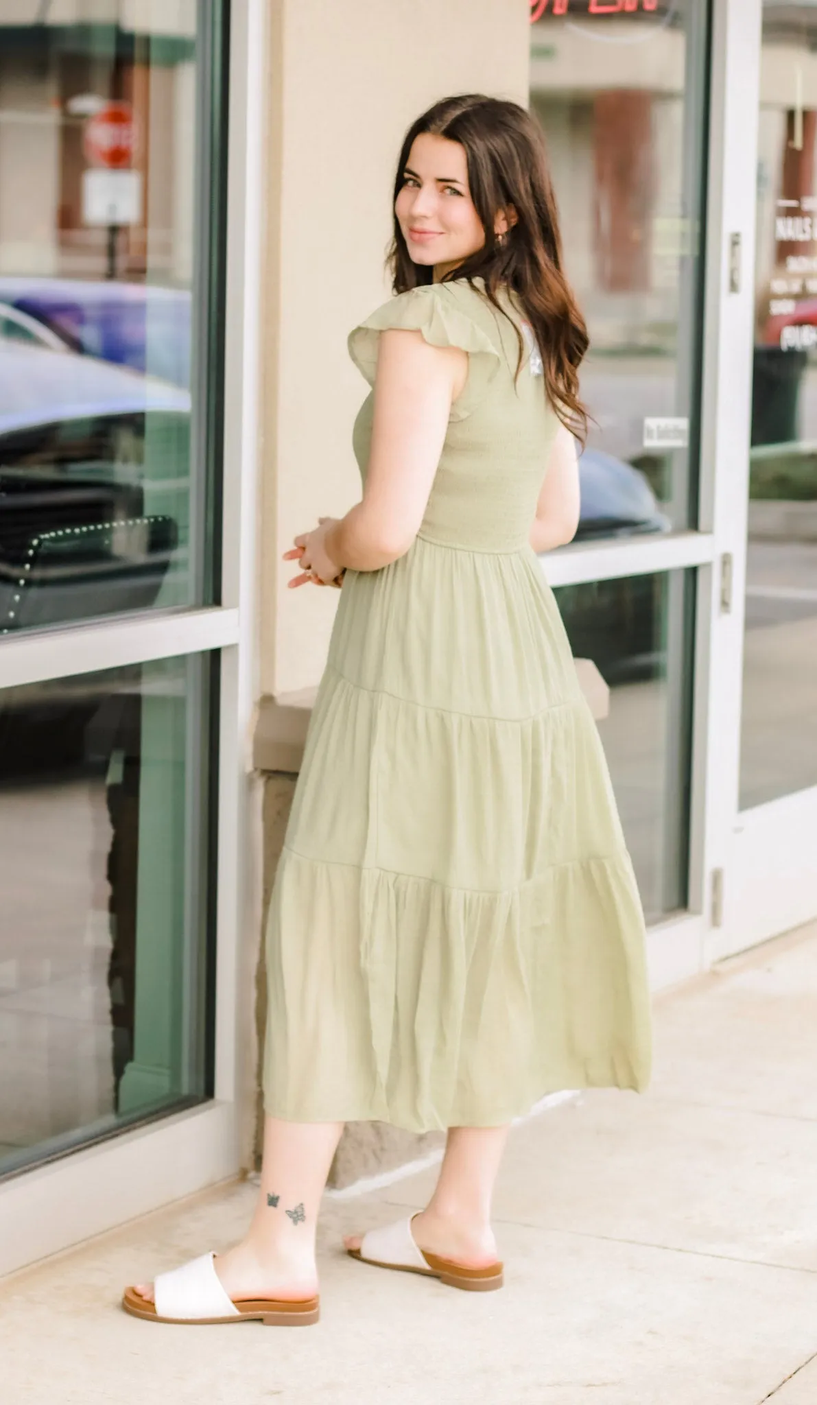 Trusting You Smocked Dress in Light Olive
