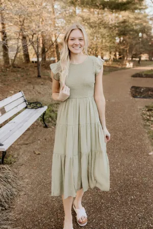 Trusting You Smocked Dress in Light Olive