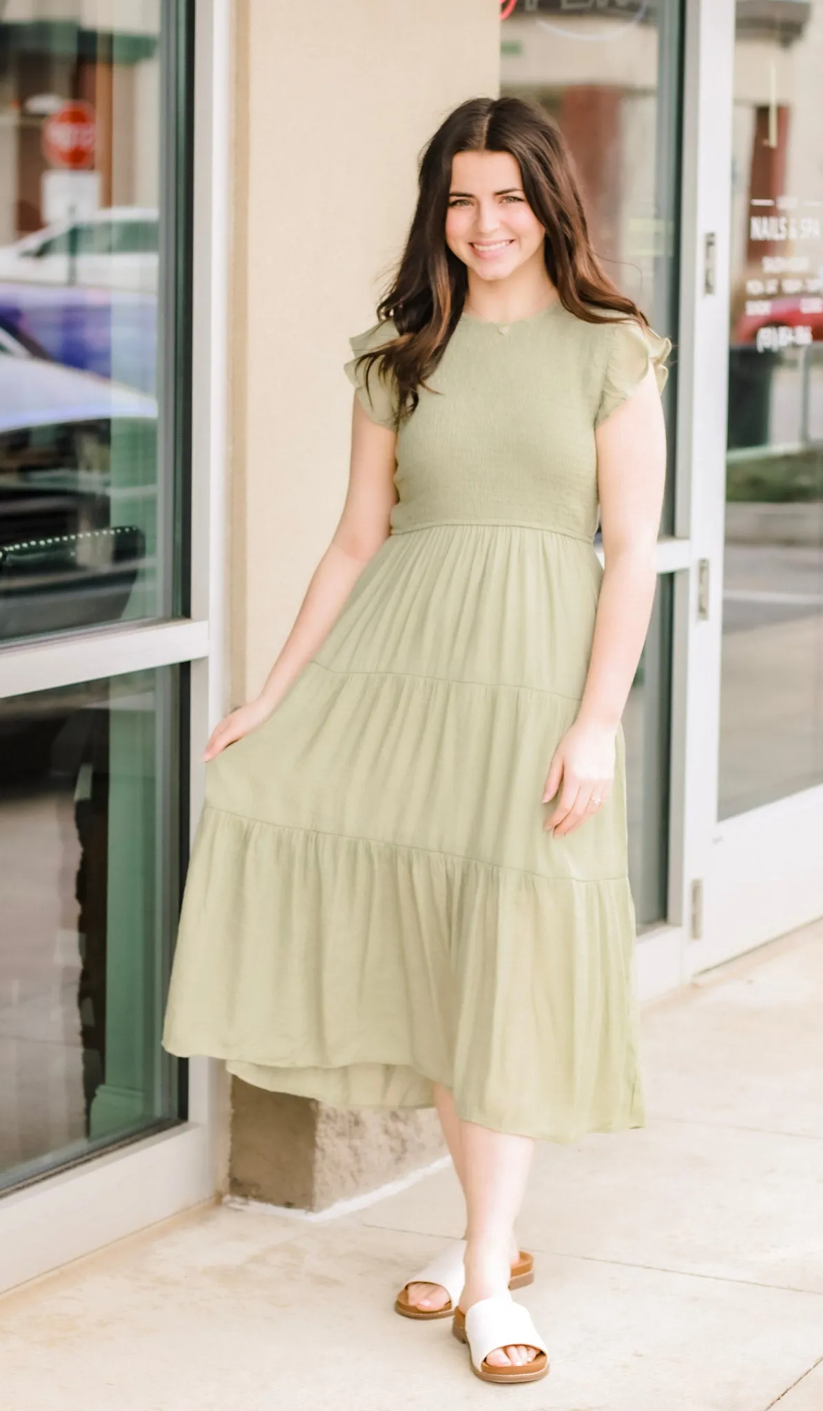 Trusting You Smocked Dress in Light Olive