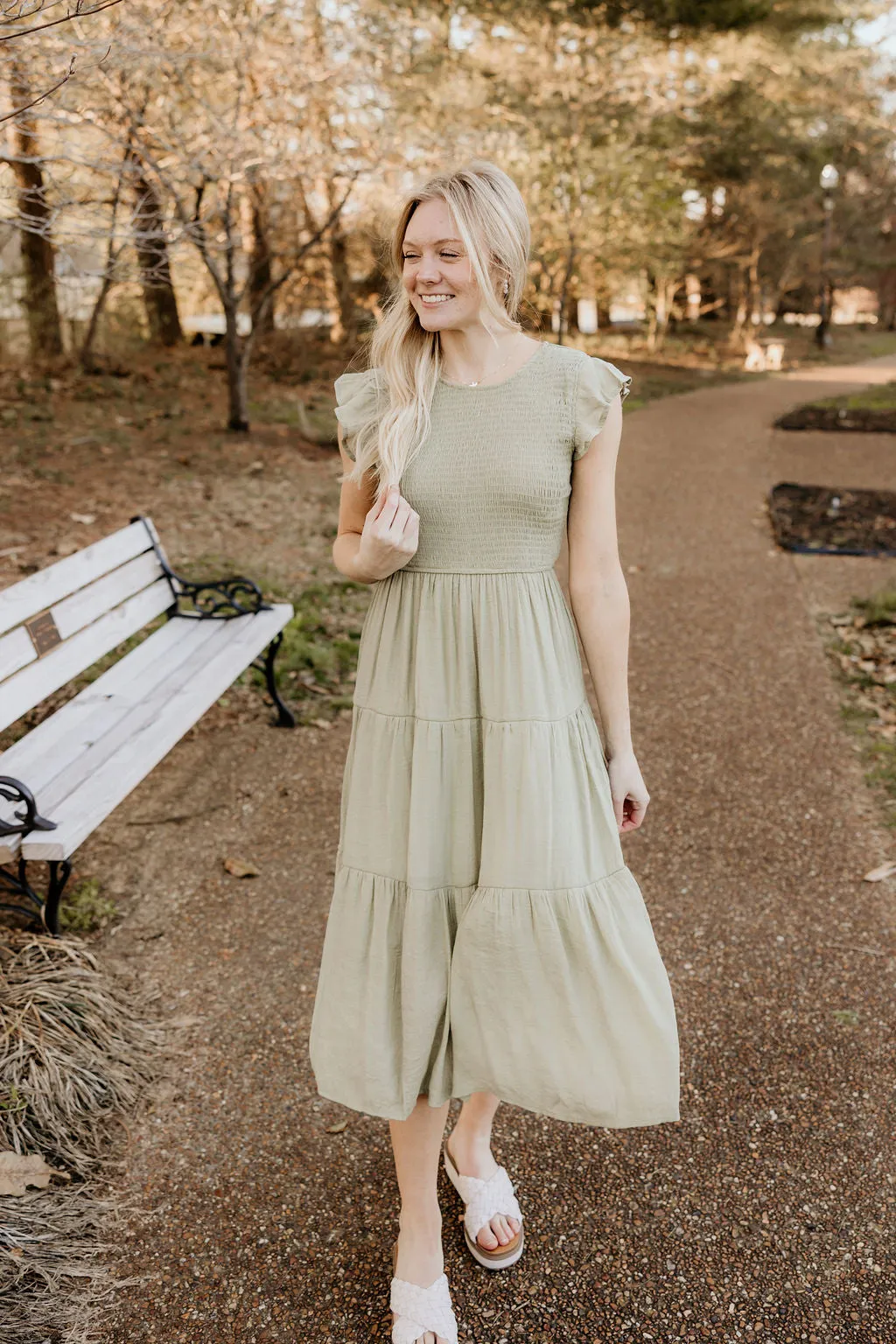Trusting You Smocked Dress in Light Olive