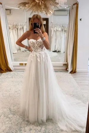 Tulle A-line Sweetheart Neck Lace Appliques Wedding Dresses, Bridal Gown, SW645