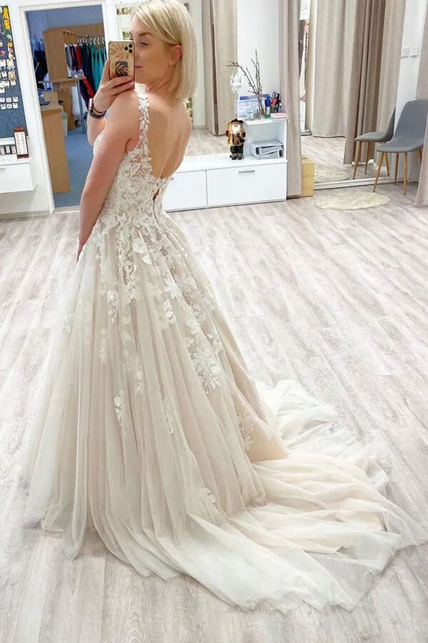 Tulle A-line V-neck Long Prom Dresses With Lace Appliques, Formal Dress, SP749