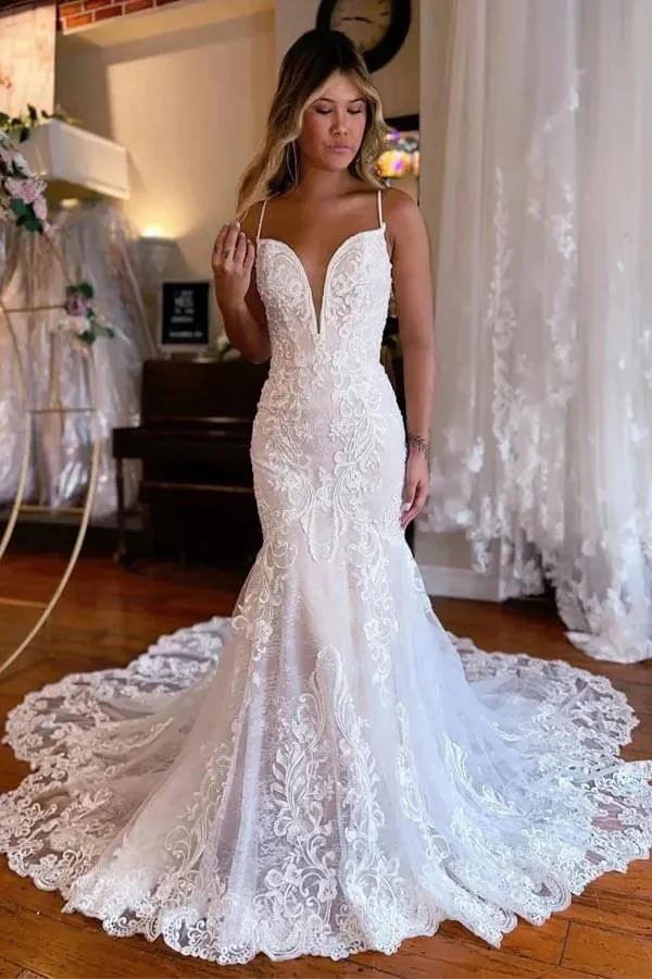 Tulle Mermaid Spaghetti Straps Chapel Train Lace Wedding Dresses, SW703