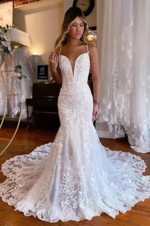 Tulle Mermaid Spaghetti Straps Chapel Train Lace Wedding Dresses, SW703