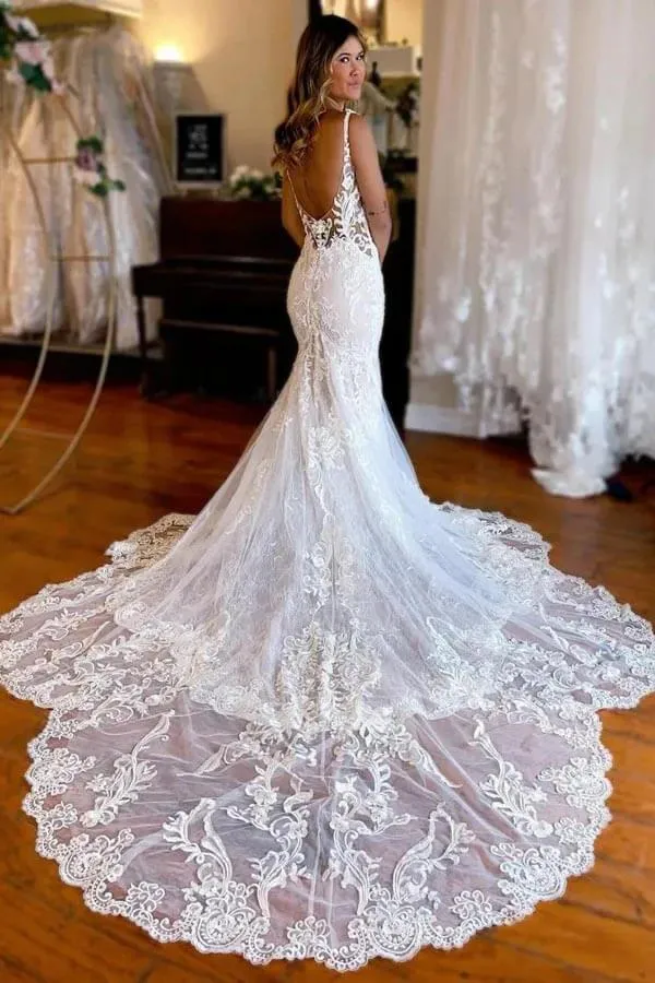 Tulle Mermaid Spaghetti Straps Chapel Train Lace Wedding Dresses, SW703