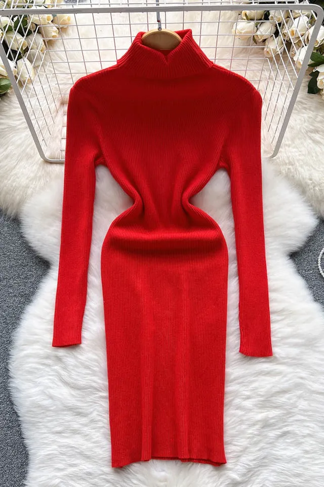 Turtleneck Knitted Dress Long Sleeves Slim Elastic Warm Dress