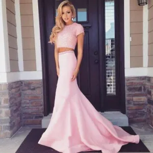 Two Pieces Short Sleeve Pink Beaded Satin Long Mermaid Prom Dresses, BG0131