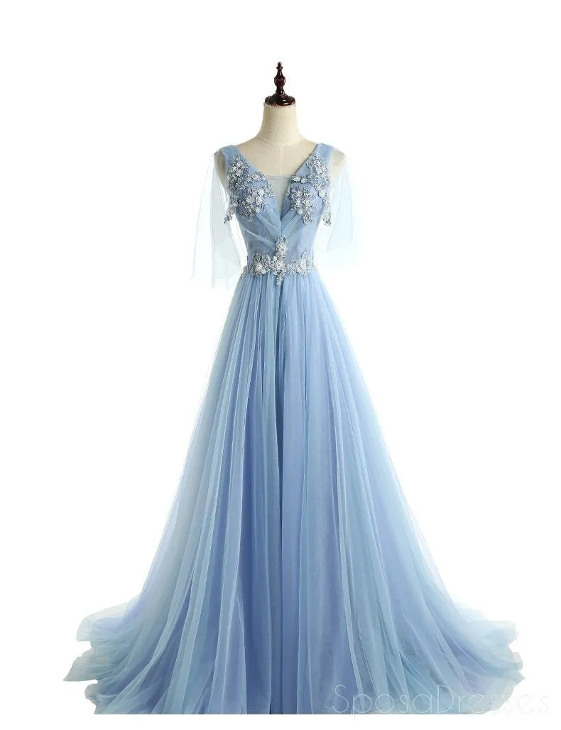 Two Straps V Neckline Light Blue Lace Beaded Unique Long Evening Prom Dresses, Popular 2018 Party Prom Dresses, Custom Long Prom Dresses, Cheap Formal Prom Dresses, 17221