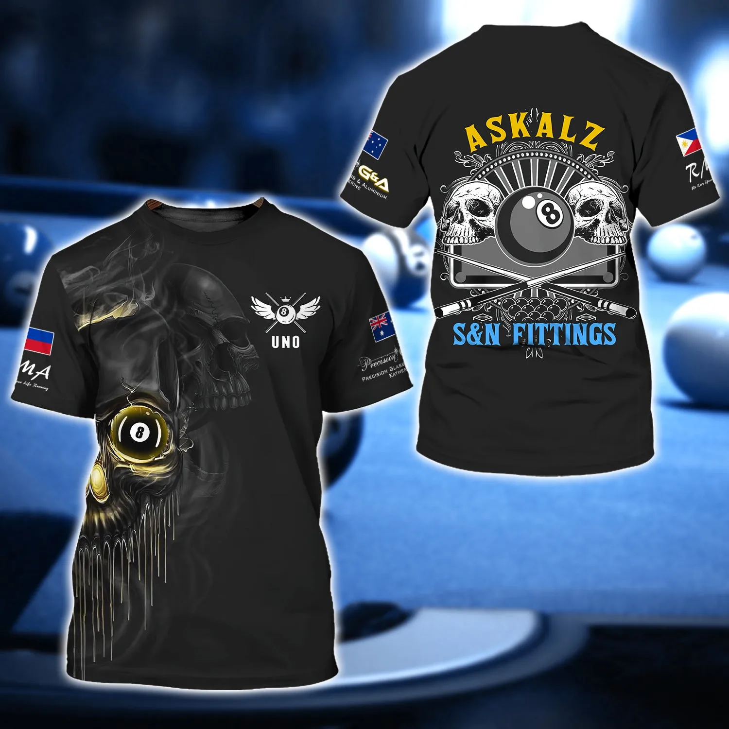 UNO - ASKALZ S&N FITTINGS Billiard Skull 8 Ball 3D Shirt - QB95