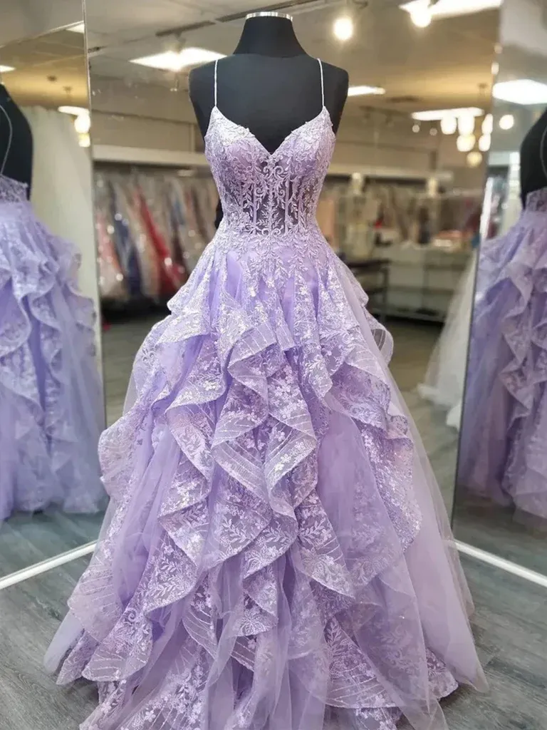 V Neck Backless Fluffy Purple Lace Long Prom Dresses,  Lace Fluffy Lilac Formal Evening Dresses
