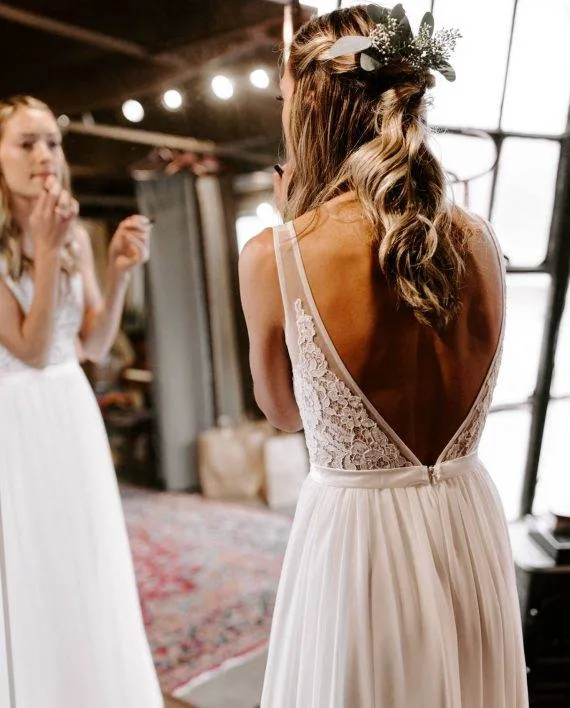 V-neck Lace Chiffon Long A-line Simple Country Wedding Dresses, WD0299