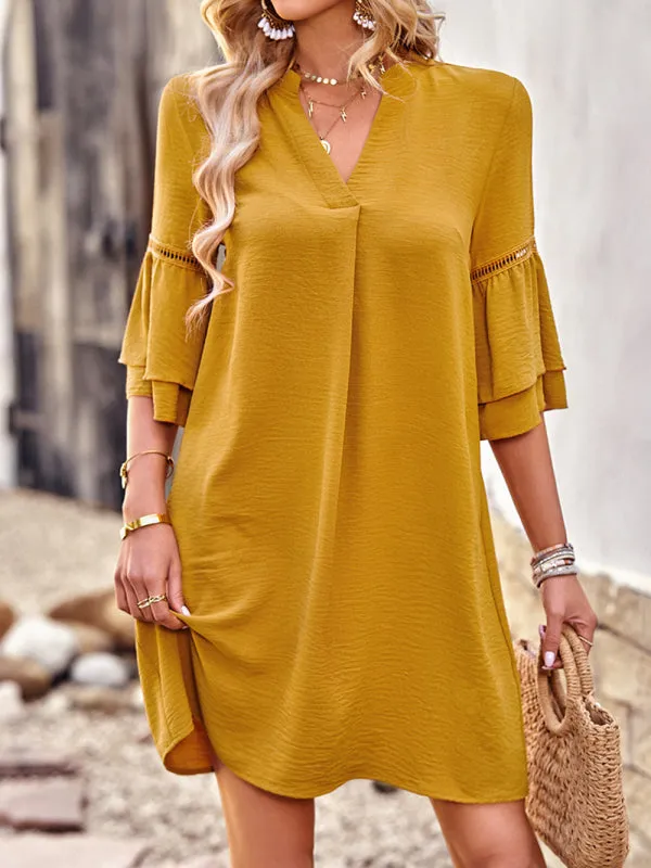 V-Neck Loose Fit Dress with Three-Quarter Sleeves