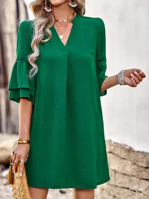 V-Neck Loose Fit Dress with Three-Quarter Sleeves