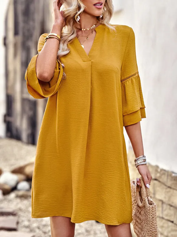 V-Neck Loose Fit Dress with Three-Quarter Sleeves