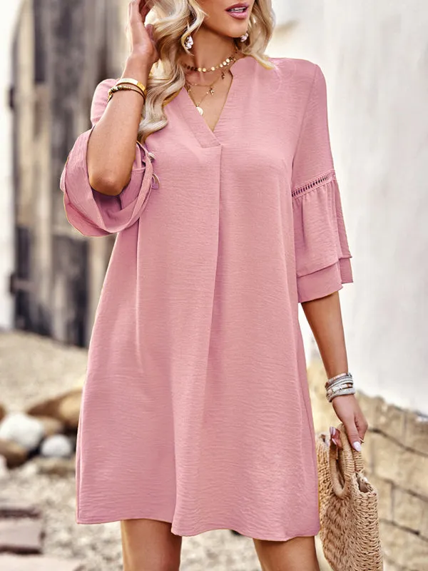 V-Neck Loose Fit Dress with Three-Quarter Sleeves