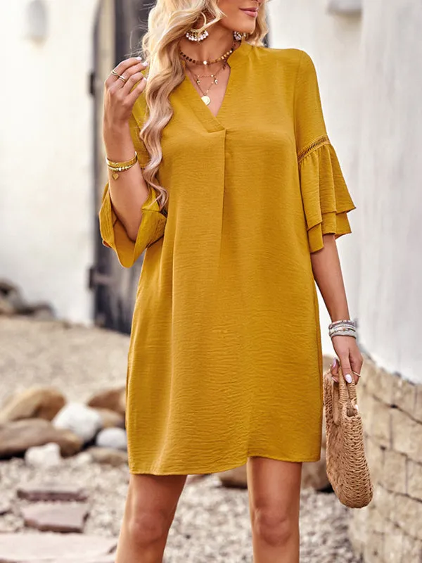 V-Neck Loose Fit Dress with Three-Quarter Sleeves