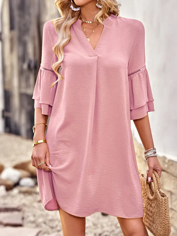 V-Neck Loose Fit Dress with Three-Quarter Sleeves