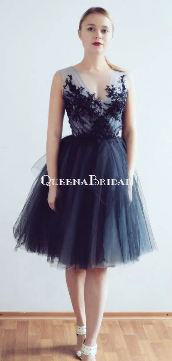 V-neck Navy Tulle A-line Short Cheap Party Homecoming Dresses, HDS0033