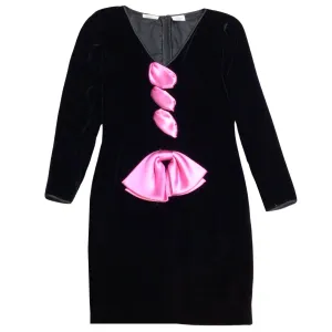 Valentino Boutique Vintage Black / Pink Satin Bow Detail Long Sleeved V-Neck Velvet Dress