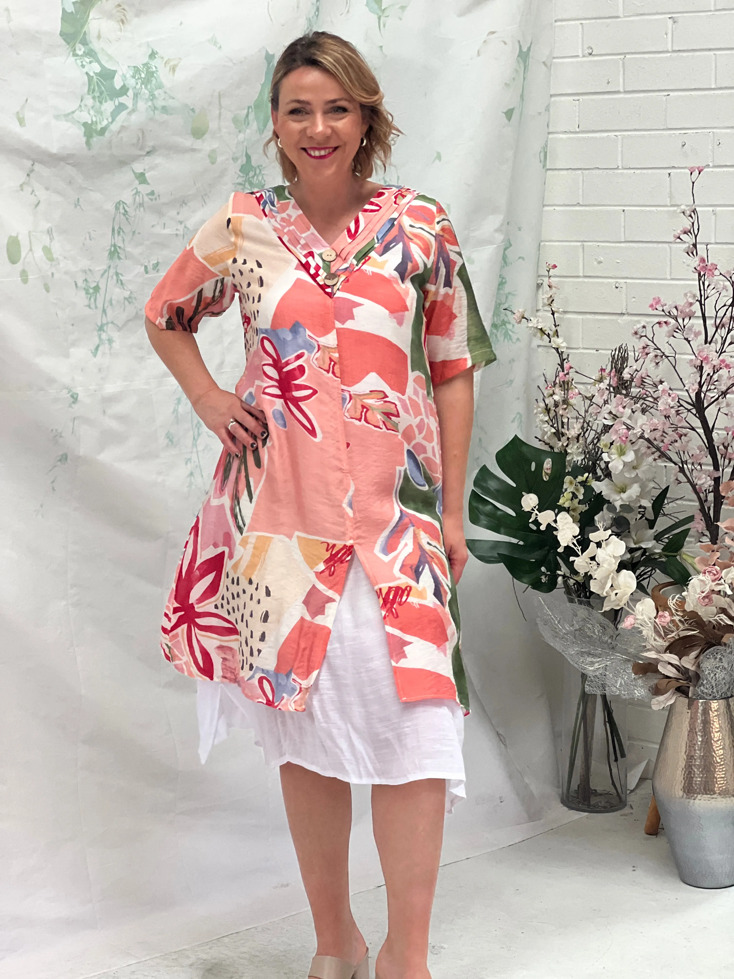 Verona Coral Abstract Layering Dress