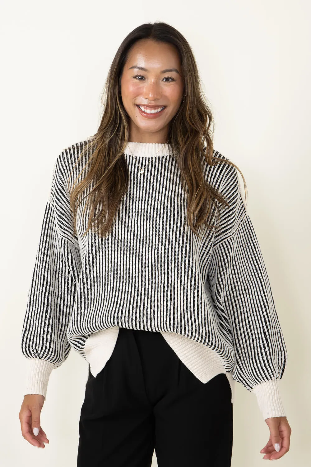 Vertical Stripe Sweater for Women in White Black | SWT70146-WHITEBLACK