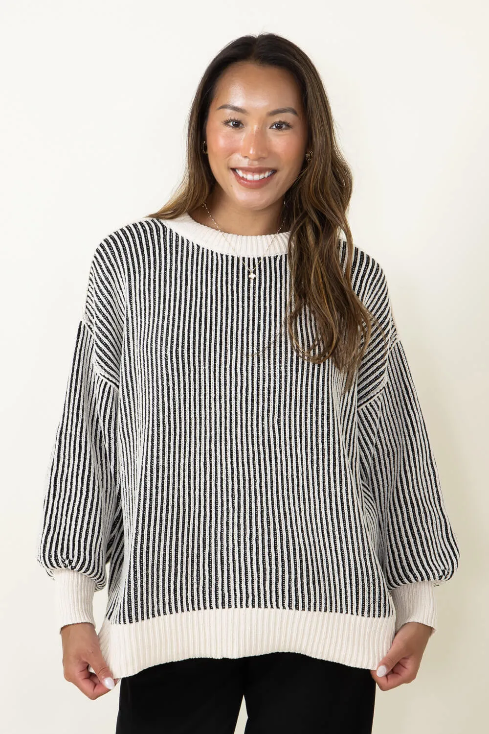 Vertical Stripe Sweater for Women in White Black | SWT70146-WHITEBLACK