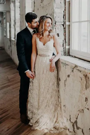Vintage Beaded A-line V-neck Spaghetti Straps Lace Wedding Dresses, MW582