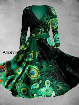 Vintage Feathers  Print V-Neck Elegant Chic Midi Two-Piece Long Sleeve Dress