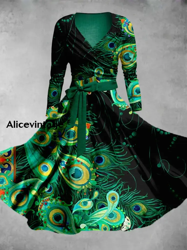 Vintage Feathers  Print V-Neck Elegant Chic Midi Two-Piece Long Sleeve Dress