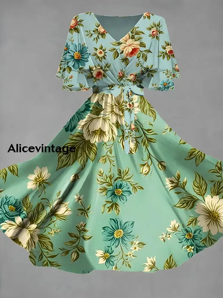 Vintage Floral Art Print Chic V-Neck Short Sleeve Midi Dress