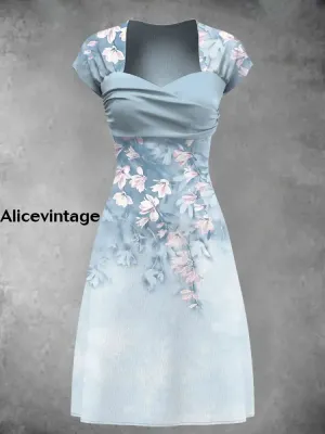 Vintage Floral Art Print Short Sleeve Midi Dress
