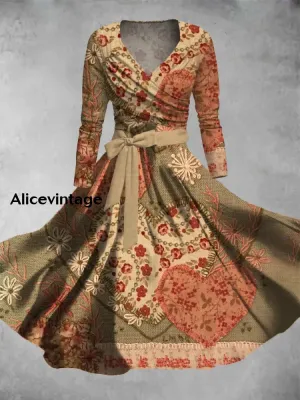 Vintage Floral Heart Print V-Neck Elegant Chic Midi Two-Piece Long Sleeve Dress